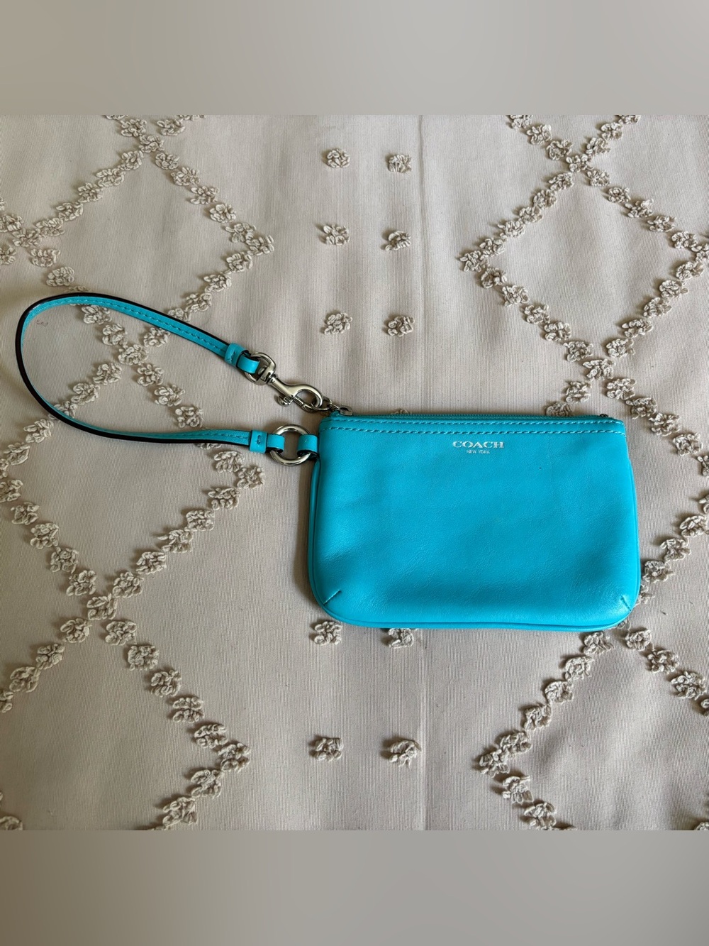 Coach Corner Zip Wristlet in Turquoise Blue Genuine Leather